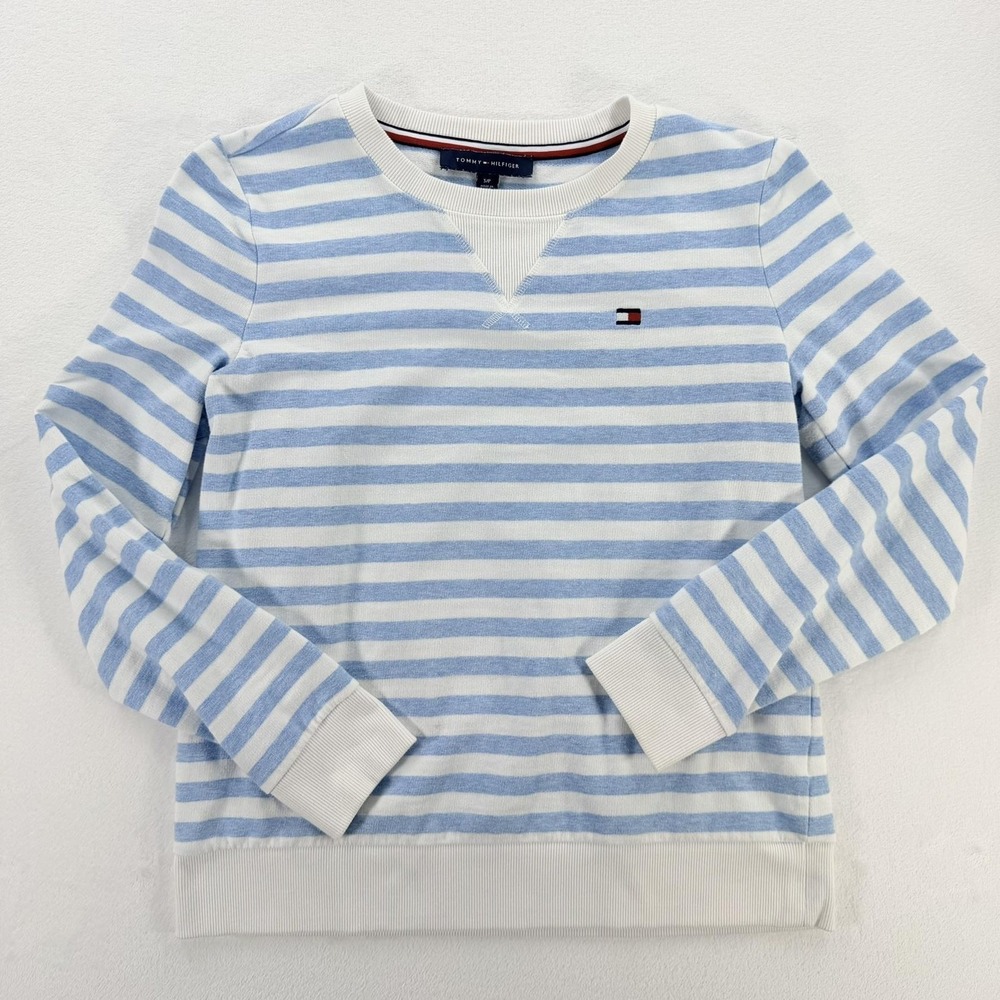 Tommy Hilfiger Sweater Womens Small Blue White Stripe Crewneck Pullover Logo